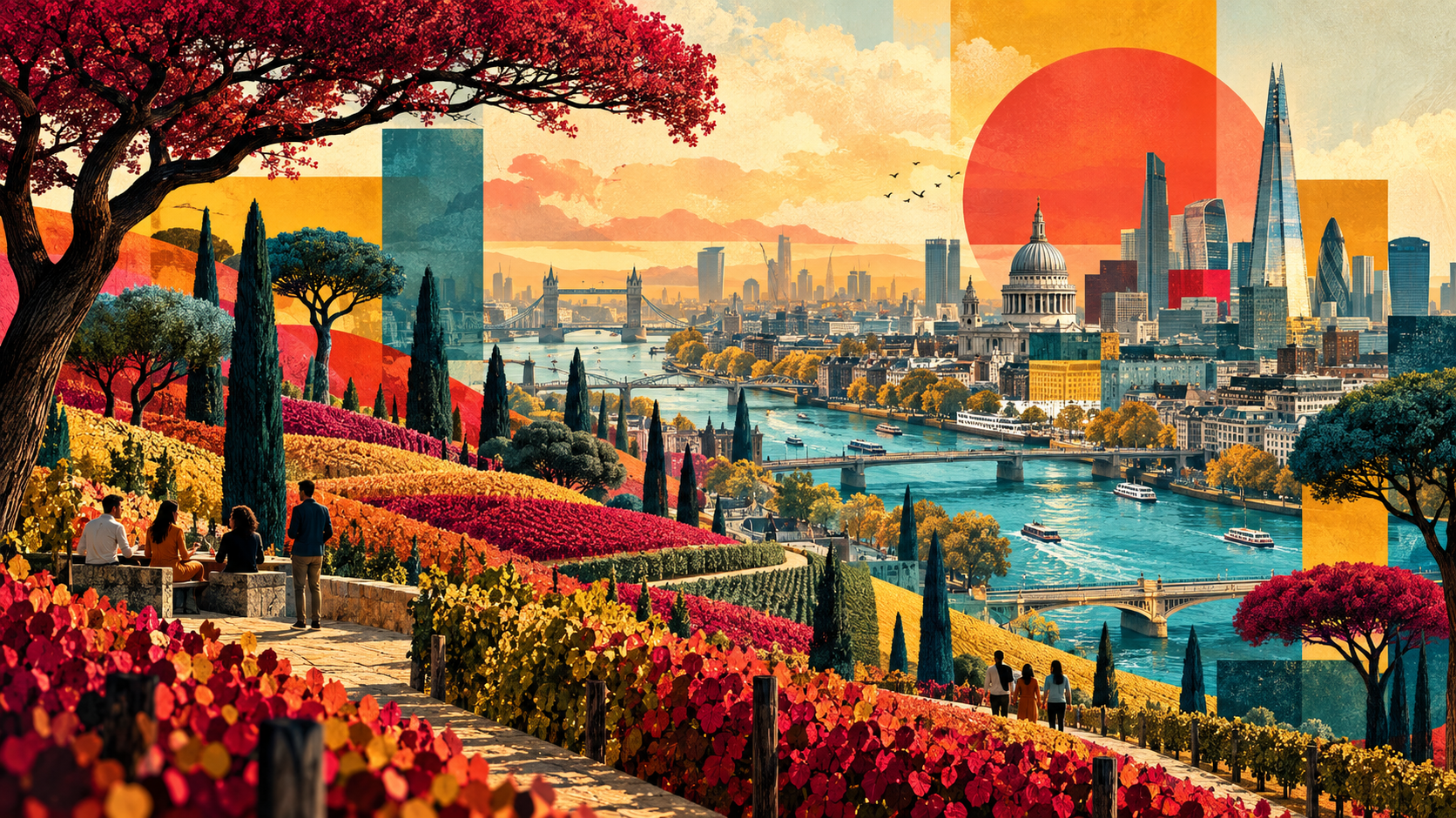 Surreal collage of London, the Thames and colourful vineyard terraces beneath a monumental orange sun.